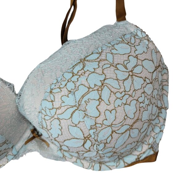 Victoria's Secret Dream Angels Push Up Bra Blue Gold 36DD Underwire Plunge Lace - Picture 3 of 11